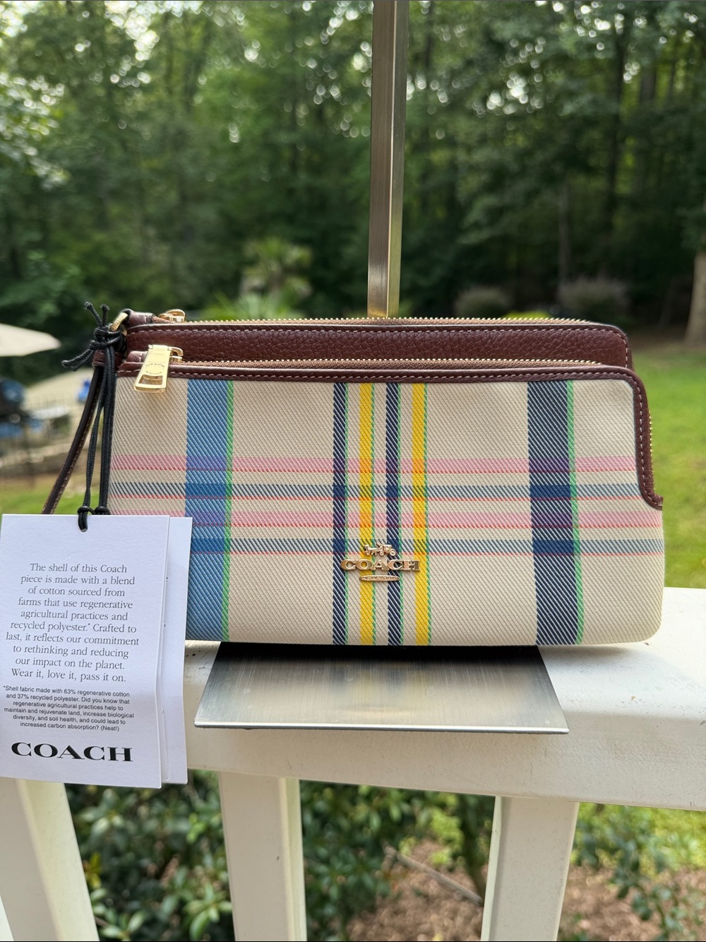 Coach NWT Multicolor Plaid Wristlet with Burgundy Trim